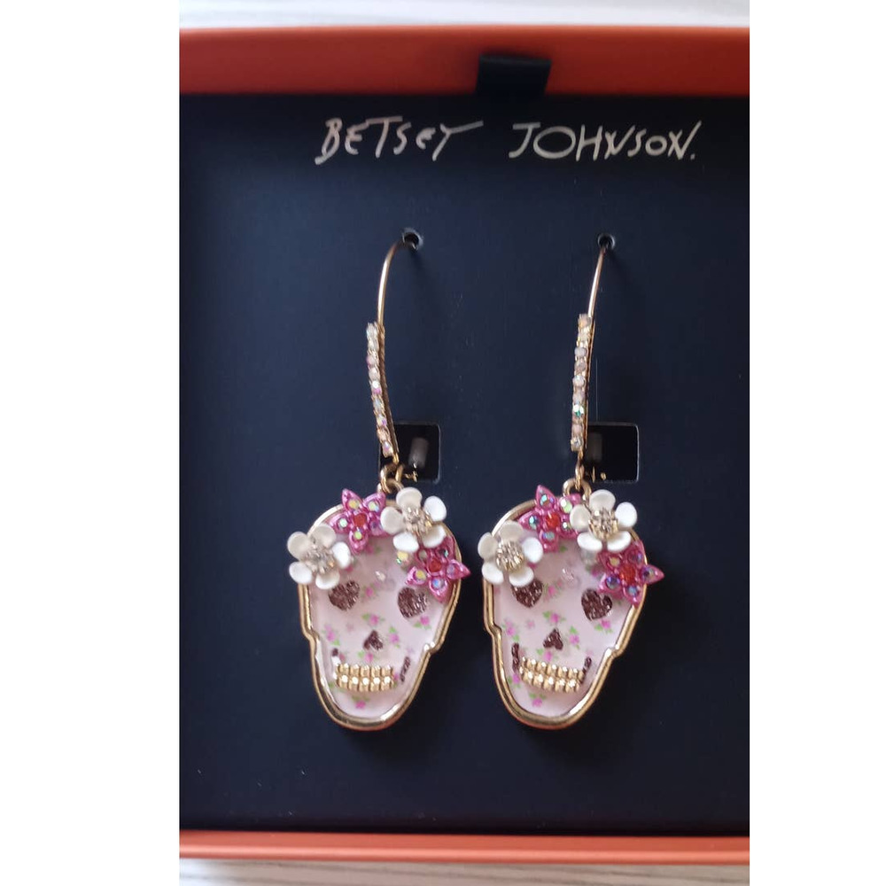 Betsey Johnson Pink Flower Sugar Skull Halloween Earrings - New